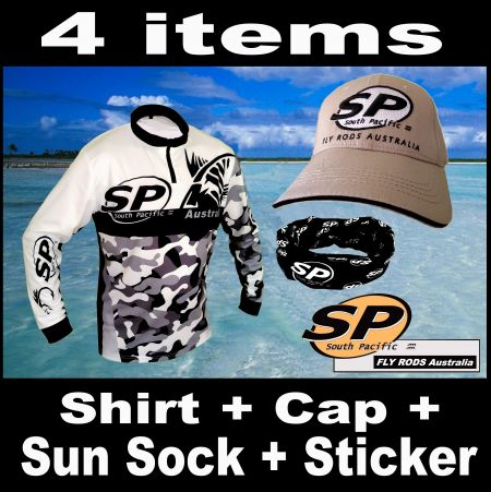 South Pacific Tournament Fishing Shirt + Cap + Sun Sock + Sticker